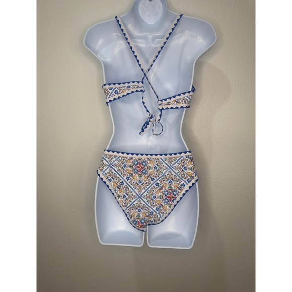 Womens Mediterranean Tile Print Bikini Set Blue White Scalloped Ric Rac Size L - Picture 3 of 4